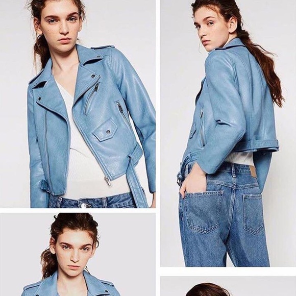 Zara Sky Blue Leather Biker Jacket - Picture 1 of 16